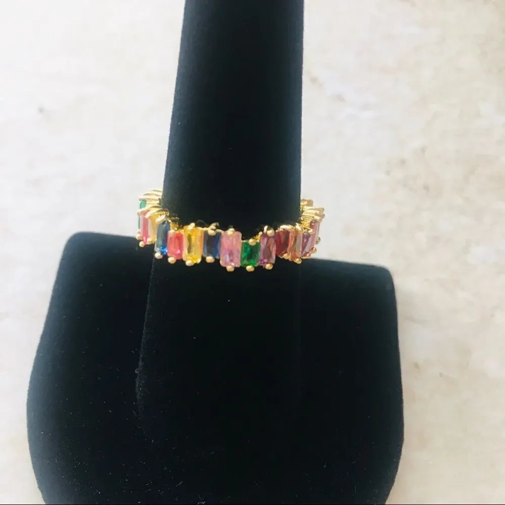 Rainbow Crystal Crooked Baguette Eternity Band Ring NWT